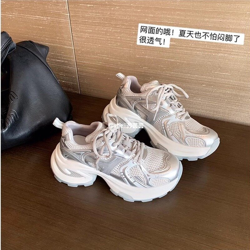 羊皮真皮厚底老爹鞋女2025年夏新款增高透气运动鞋圆头系带休闲鞋