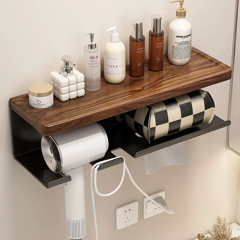 卫生间胡桃木置物架多功能壁挂式吹风机支架洗脸巾一体收纳架子