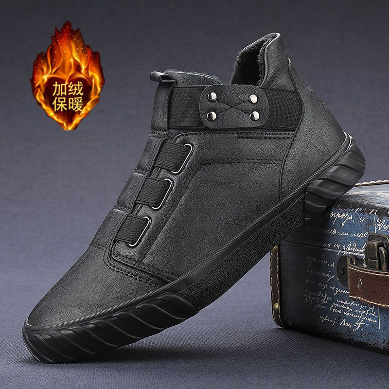 Men's high-top leather shoes 2024 winter new casual high-top shoes winter fleece-lined warm cotton shoes men's shoes