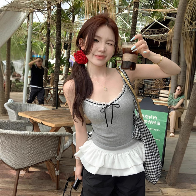 Pure Desire Lace Strapless Vest Women's Summer Sweet Spice Girl Bow Slim-fit Small Strap Short Beautiful Back Top