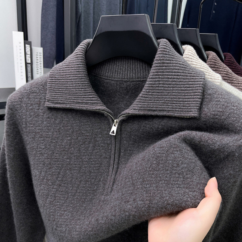 Winter Wool Sweater Men's 100 Pure Wool Lapel Extra Thick Sweater Loose Warm Knitted Wool Sweater