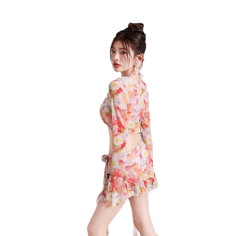 Split swimwear, beach set, European style, 4 piece set, flowered, high-quality style
