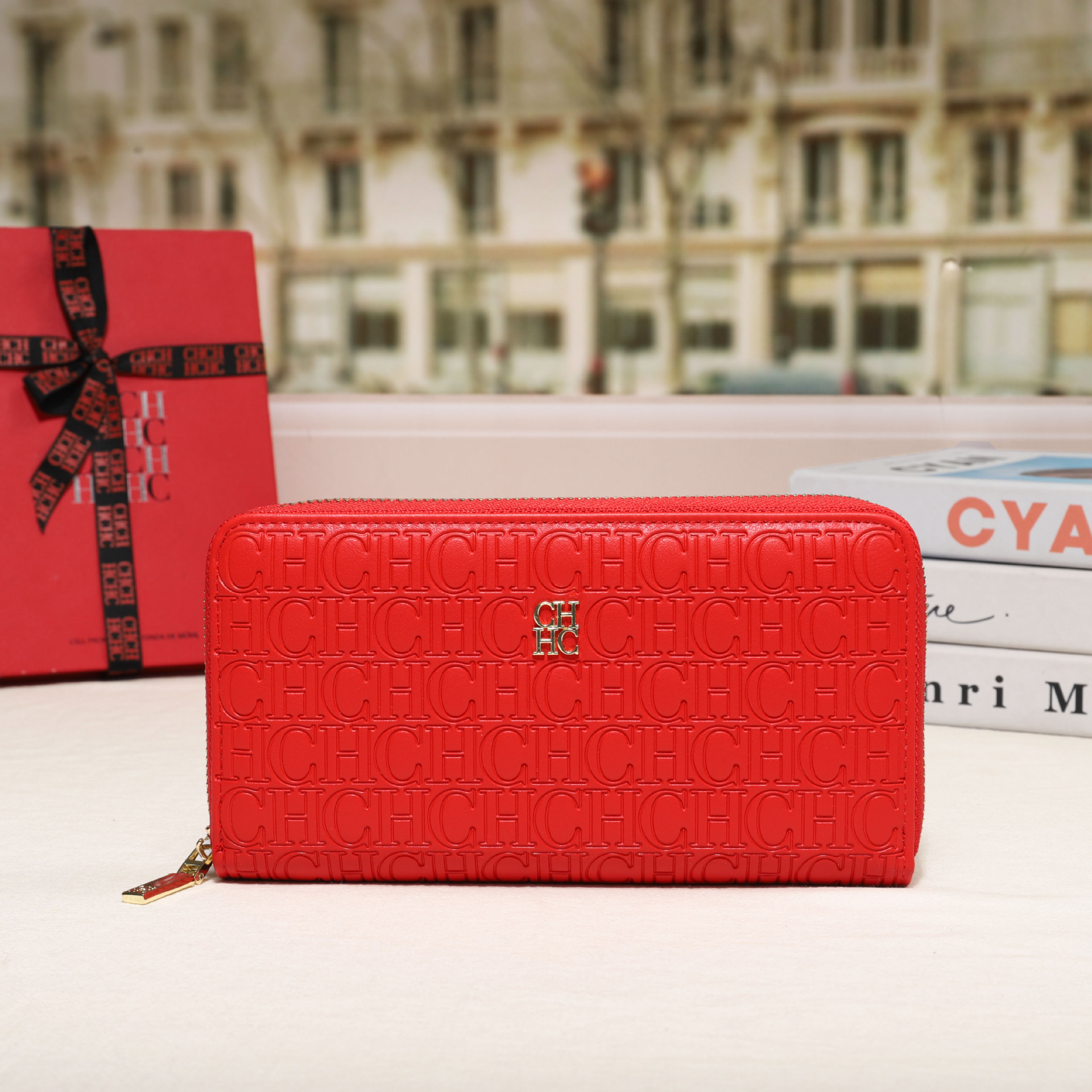 CHHC nuevo bolso 2025 moda femenina billetera con cremallera clásica textura real bolso largo unisex