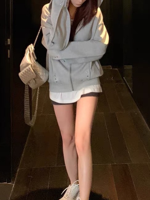 SUNONEON 设计感铆钉宽松连帽卫衣外套女早秋季新美式开衫衣|undefined