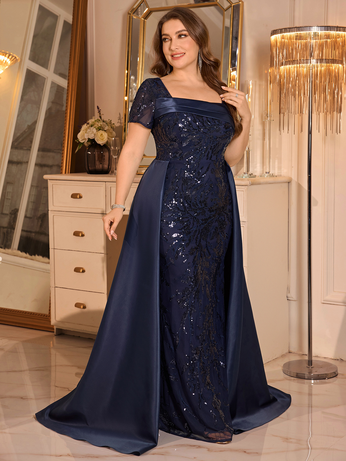 Elegant Long Evening Dress European American Style plus Size Square Neck Hand Pleated Sequined A-Line Banquet Dress Satin_ecoleips.com
