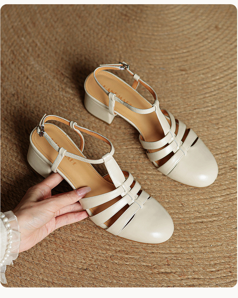 Sandal nữ da bò dệt rỗng mũi hở gót thô cao phong cách La Mã — màu nâu chi tiết 13