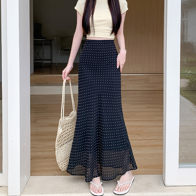 Summer red retro fitted shiffon long skirt