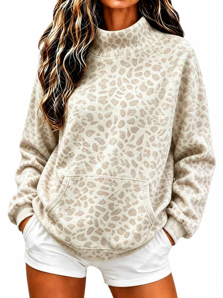2026 European and American cross-border women's fashion new leopard print high-neck sweatshirt for women, autumn and winter loose casual long-sleeve vintage style