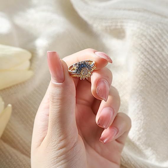 Nueva joyería europea y americana simple brillante Sun Blue Diamond Moon anillo de dos piezas para mujer para novia