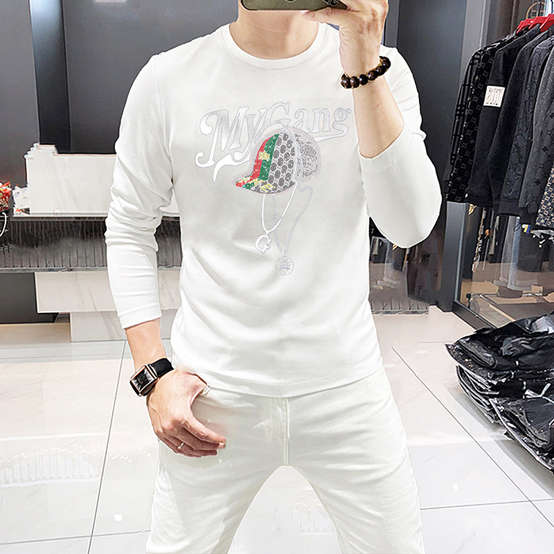 2024 Spring Autumn New Men's Long Sleeve T-Shirts Luxury Round Neck Shirts Hat Rhinestone European Men's Tops Slim Fit Trendy Shirts Men_voghion.com