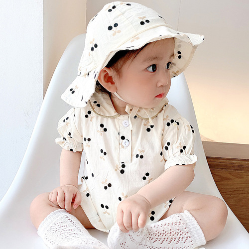  Korean Version Baby Girl Summer Outfit Cherry Short Sleeve Bodysuit Crawling Suit Diaper Cover Hat Set