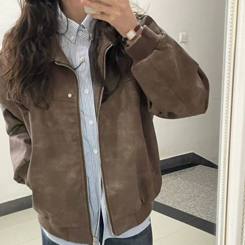 2025 American Retro Brown Square Collar Jacket for Women, Spring & Fall Suede High-End Versatile Niche Jacket for Women