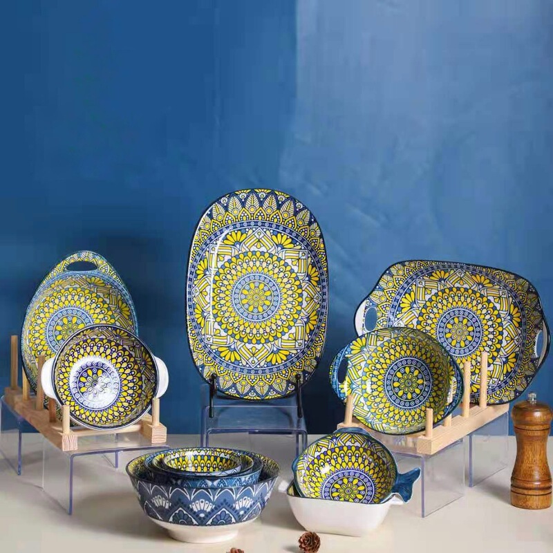 Moroccan series and wind household dishes tableware set ethnic ceramic rice bowl dish fish plate combination