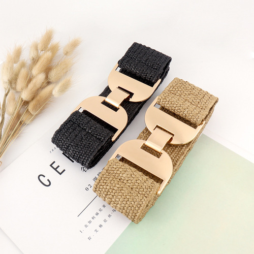 Summer new pp straw girdle women's elastic woven elastic belt personalized glossy geometric buckle head versatile accessories