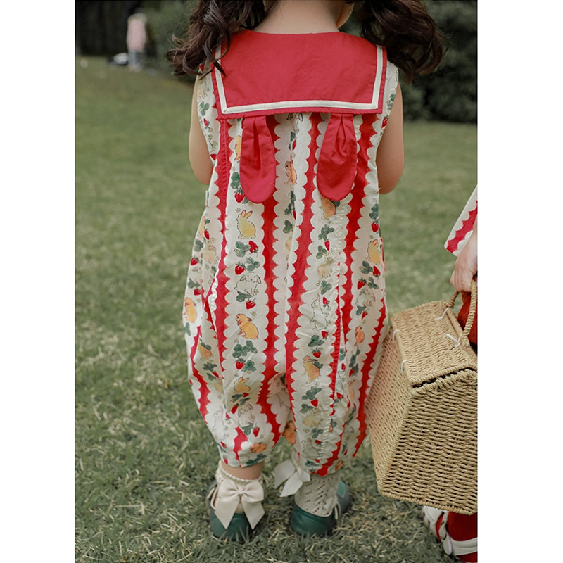 Jera ropa de los niños sin mangas de las niñas traje 2024 verano nuevo bebé lindo conejito impreso mono transfronterizo