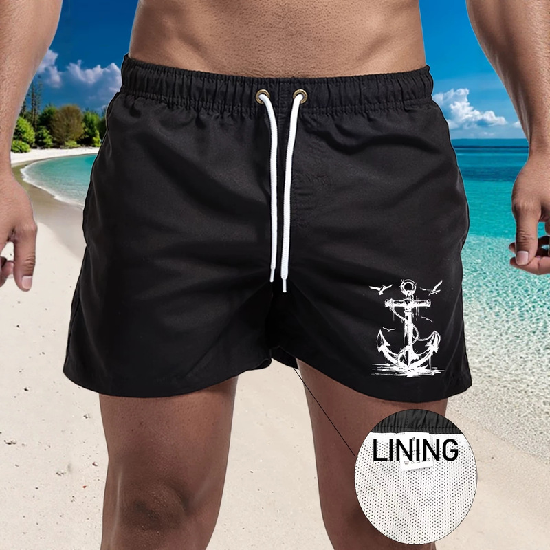 Anchor Print Beach Shorts, Quick-Dry Swim Trunks with Lining, Loose Shorts for Seaside Vacation, Quick-Dry Anchor Print Anchor Print Beach Shorts, Quick-Dry Swim Trunks with Lining, Loose Shorts for Seaside Vacation, Quick-Dry Anchor Print