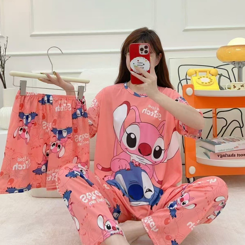 Pijamas de verano transfronterizos pijamas de leche de seda de tres piezas set de dibujos animados comercio exterior ropa para el hogar pantalones de mangas cortas lindos