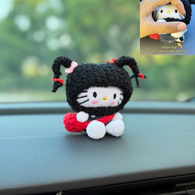 Plush Cute Doll Car: Car ornaments - double-ponytail-red-envelope-little-blue-cat-ornament-round-base