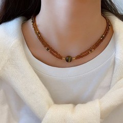 中古风美拉德茶色水晶虎眼石头吊坠项链叠戴锁骨链项链新款颈链