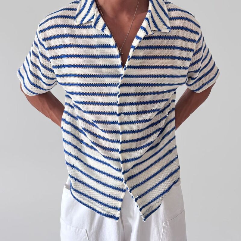 2026 Summer Blue Striped Short-Sleeved Shirt Korean Design Fashionable Knitted Men's Shirt Work Clothing Casual Top 2026 Summer Blue Striped Short-Sleeved Shirt Korean Design Fashionable Knitted Men's Shirt Work Clothing Casual Top