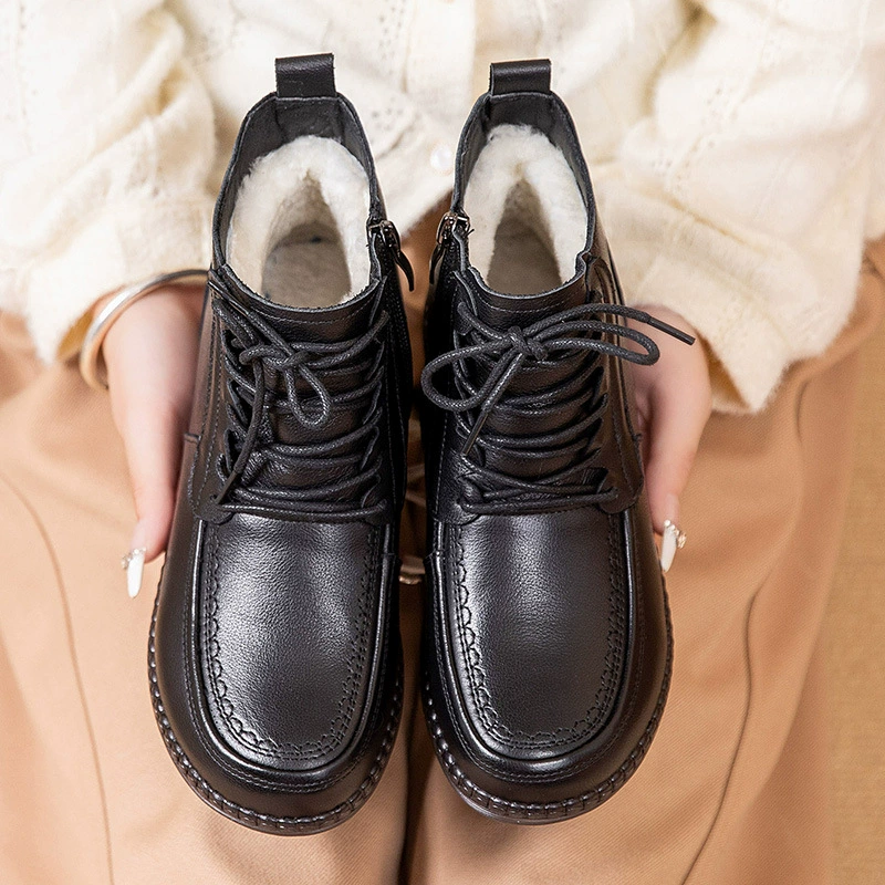 Кожаные пожилые хлопчатобумажные туфли женские осенние и зимние бархатные снежные сапоги мягкие кожаные туфли