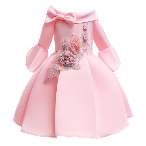New children's dress, foreign trade satin children's dress, off-shoulder, short-sleeve dress for girls, children's formal dress, embroidered princess dress for children