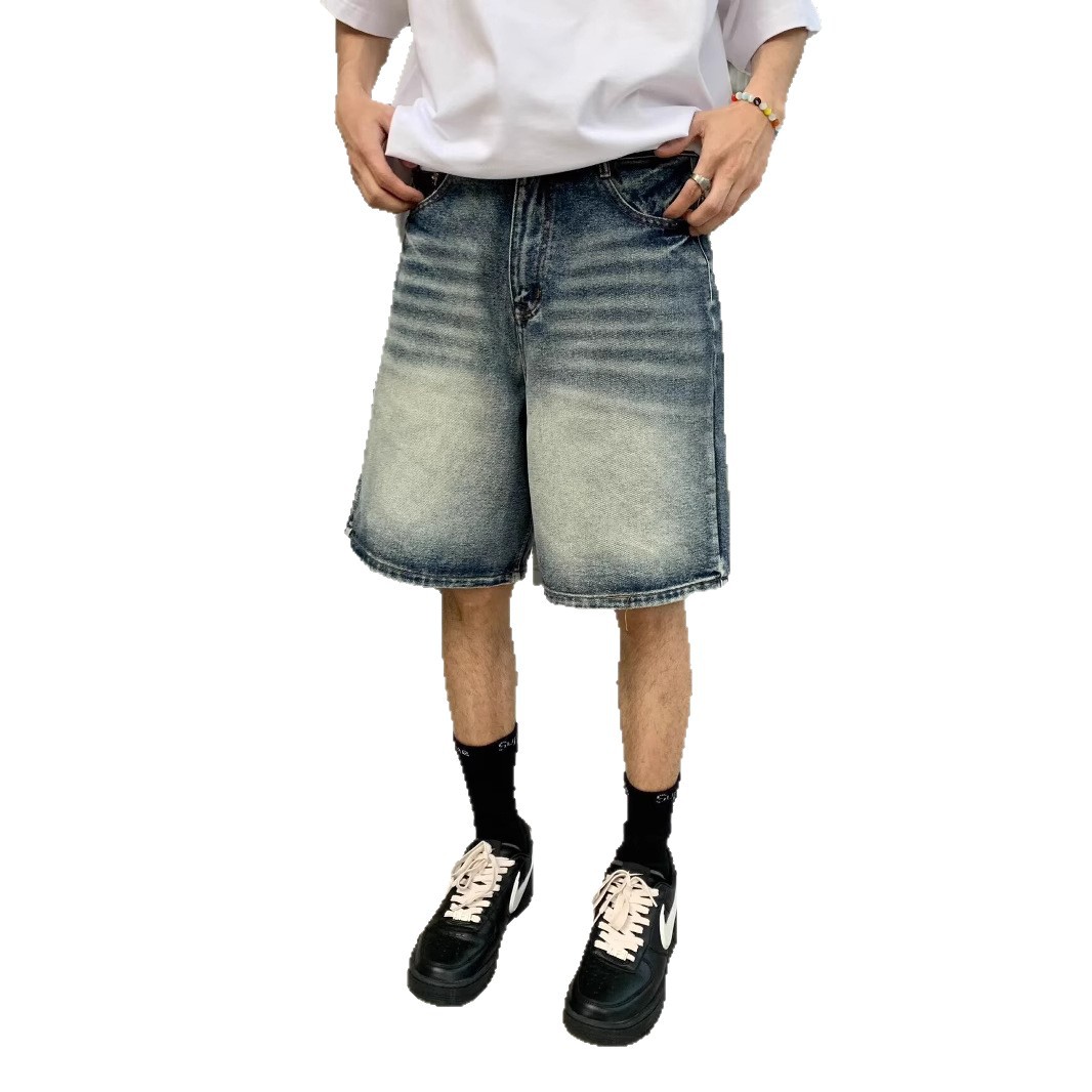 Unisex American Vintage Washed Distressed Denim Shorts, Casual Simple Loose Straight 5 Inch Street Trendy Classic Five Pocket Jeans Shorts For Men And_mkmklike.com
