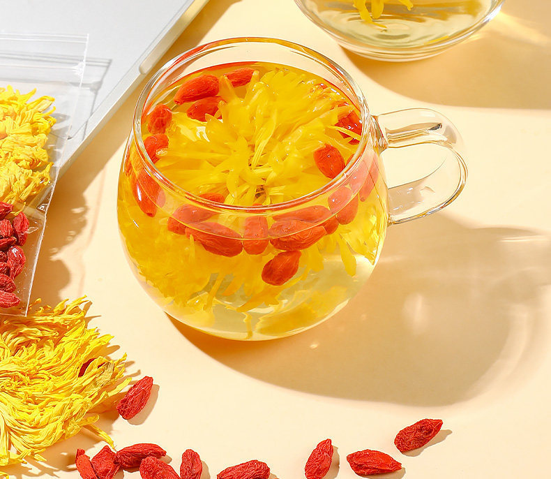Chrysanthemum & Goji Berry Tea (Jin Si Huang Ju + Gou Qi Zi) — 10 Individually Wrapped Herbal Tea Bags in use