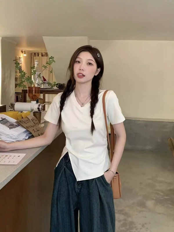 夏に太った女性のための肉感カバー、スリムフィット、スリット入り半袖シャツ、お腹カバー、痩身、純粋な欲望、ショートホワイトショルダートップ、痩身|undefined