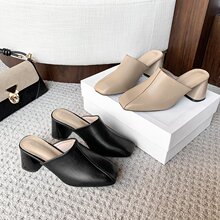 高跟拖鞋女2025春夏欧美新款大码包头半拖方头粗跟凉拖鞋