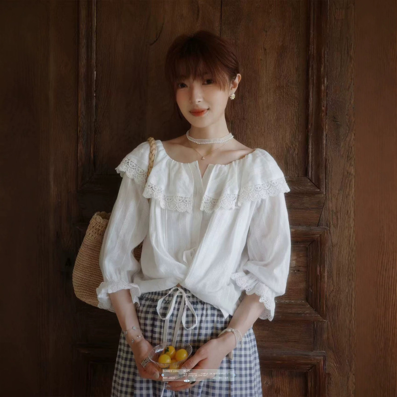 "White Drawing Original" "Tasnia Tea" Pure Cotton French-Style Three-Quarter Sleeve Ruffled Collar Off-Shoulder Jacquard Shirt