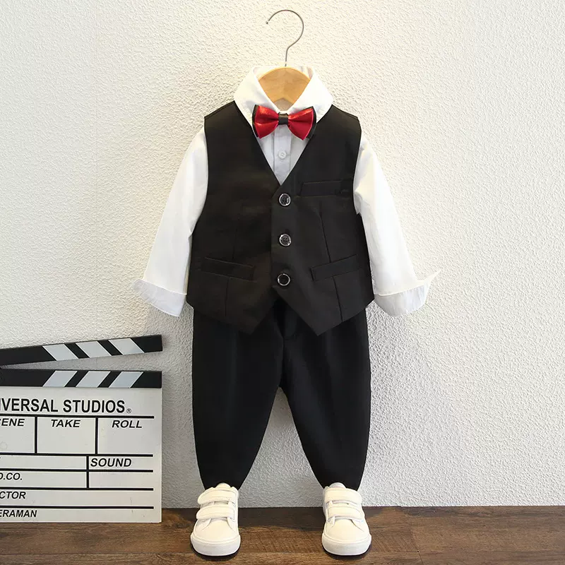 花童礼服男童小西装套装英伦风儿童婚礼西服男孩衬衫马甲三件套夏