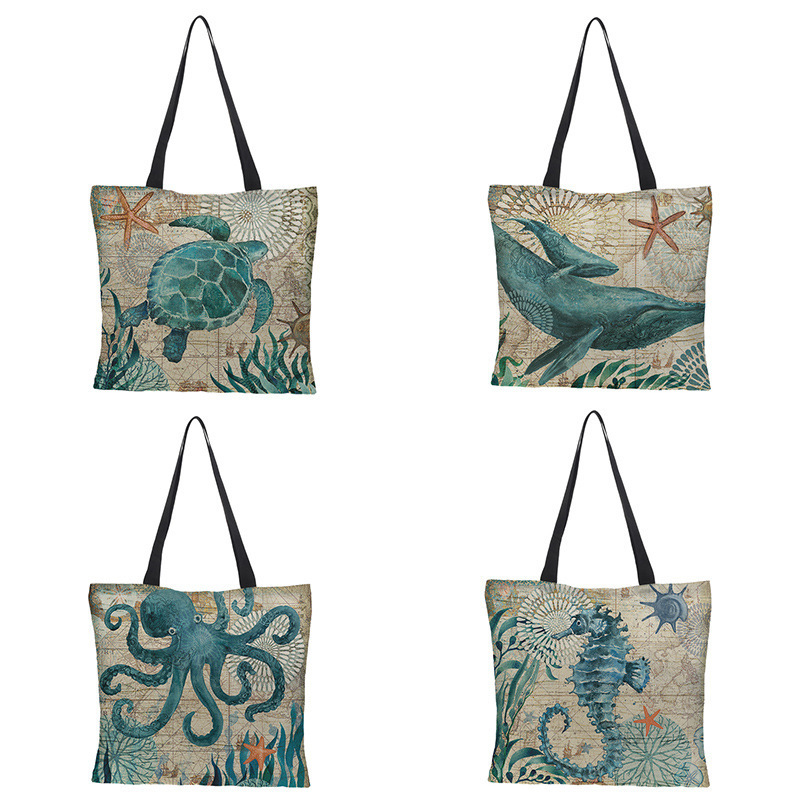 Cross-border Exclusive Sea Whale Turtle Printed Shoulder Bag Reusable Beach Bag Fashion Shopping Bag