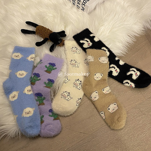 Autumn and winter thickened ins imitation mink velvet cartoon rabbit cow cactus sheep bear ladies mid-tube stocking tide