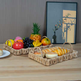 工厂定制简约水葫芦草编织托盘客厅装饰水杯茶具零食面包收纳篮