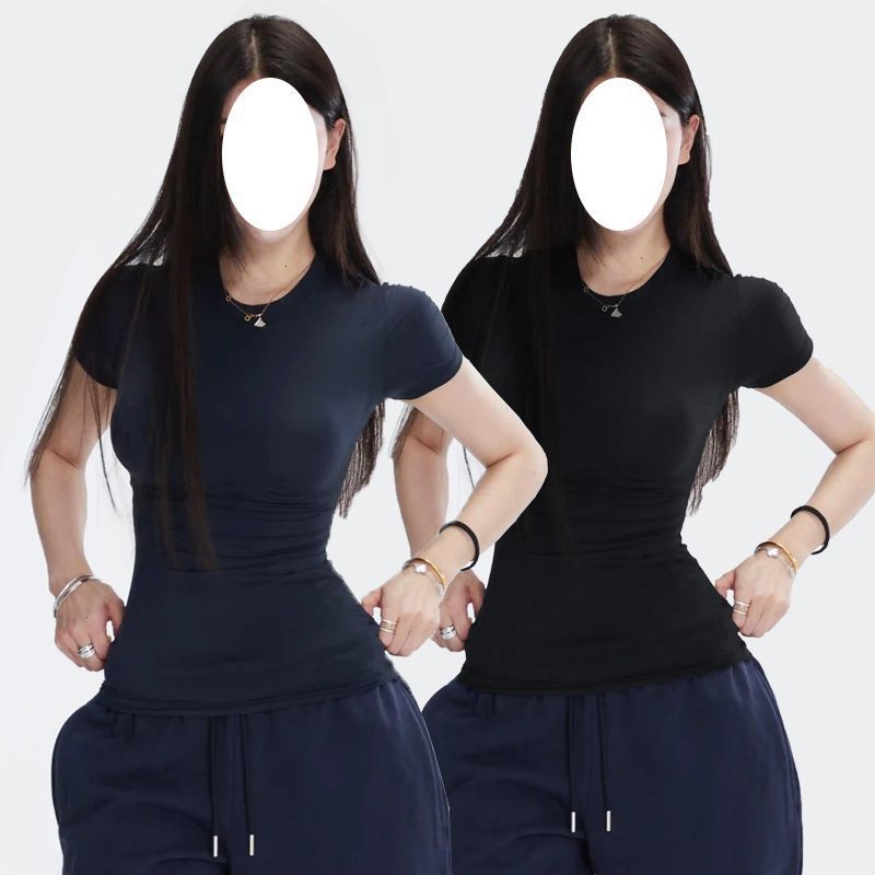 半袖春夏スリムフィット伸縮性右肩タイトピンクTシャツ半袖トップス女性用|undefined