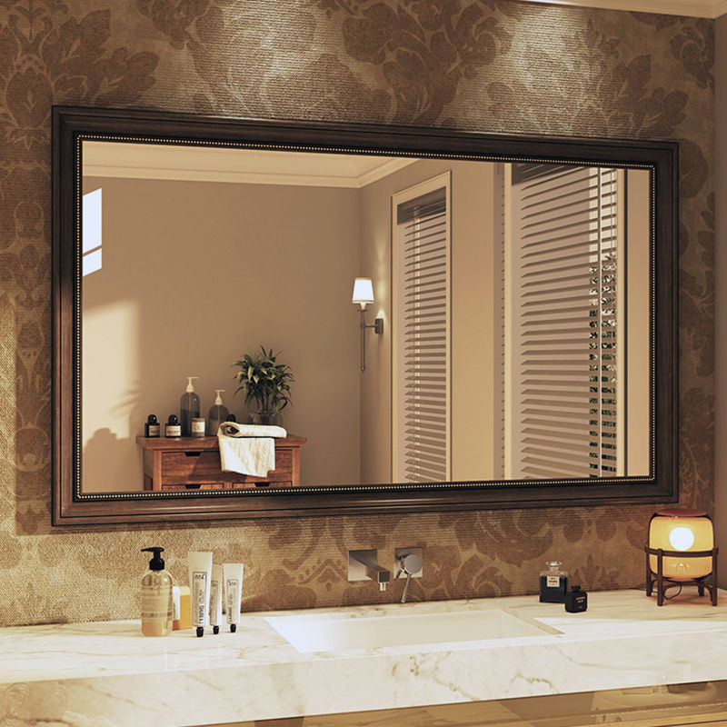 Retro Bathroom Mirror, High-End Imitation Wood Toilet Bathroom Mirror, Perforated Wall-Mounted Vanity Mirror, Wall-Mounted Washroom Mirror for Home Use