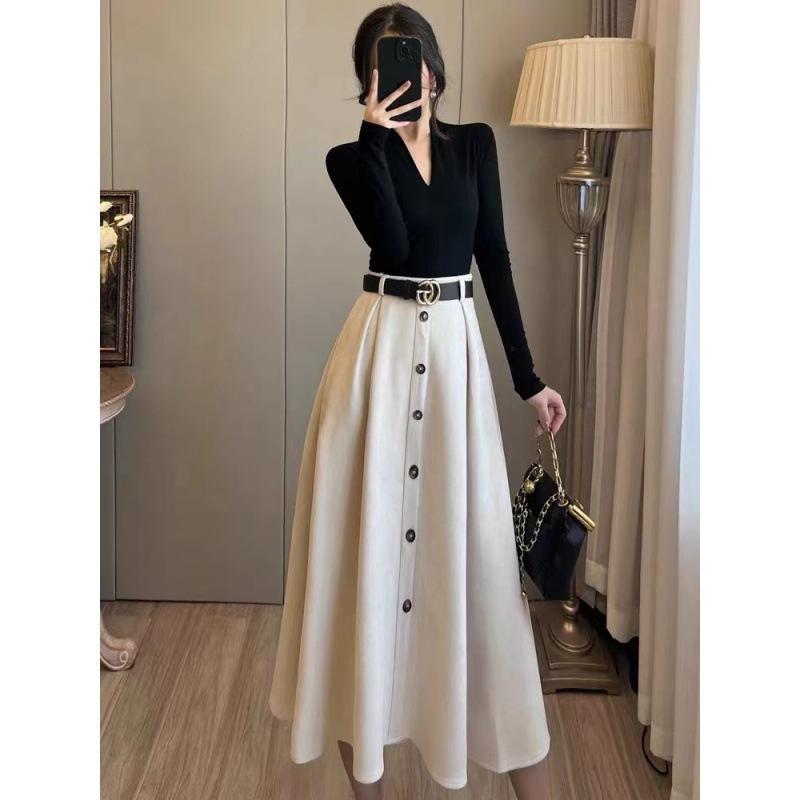 2つのセットの女性の秋の服の新型の洋風の流行のフランスの復古の底のベルベットのワンピースの気質はやせているロングスカートを現します。|undefined