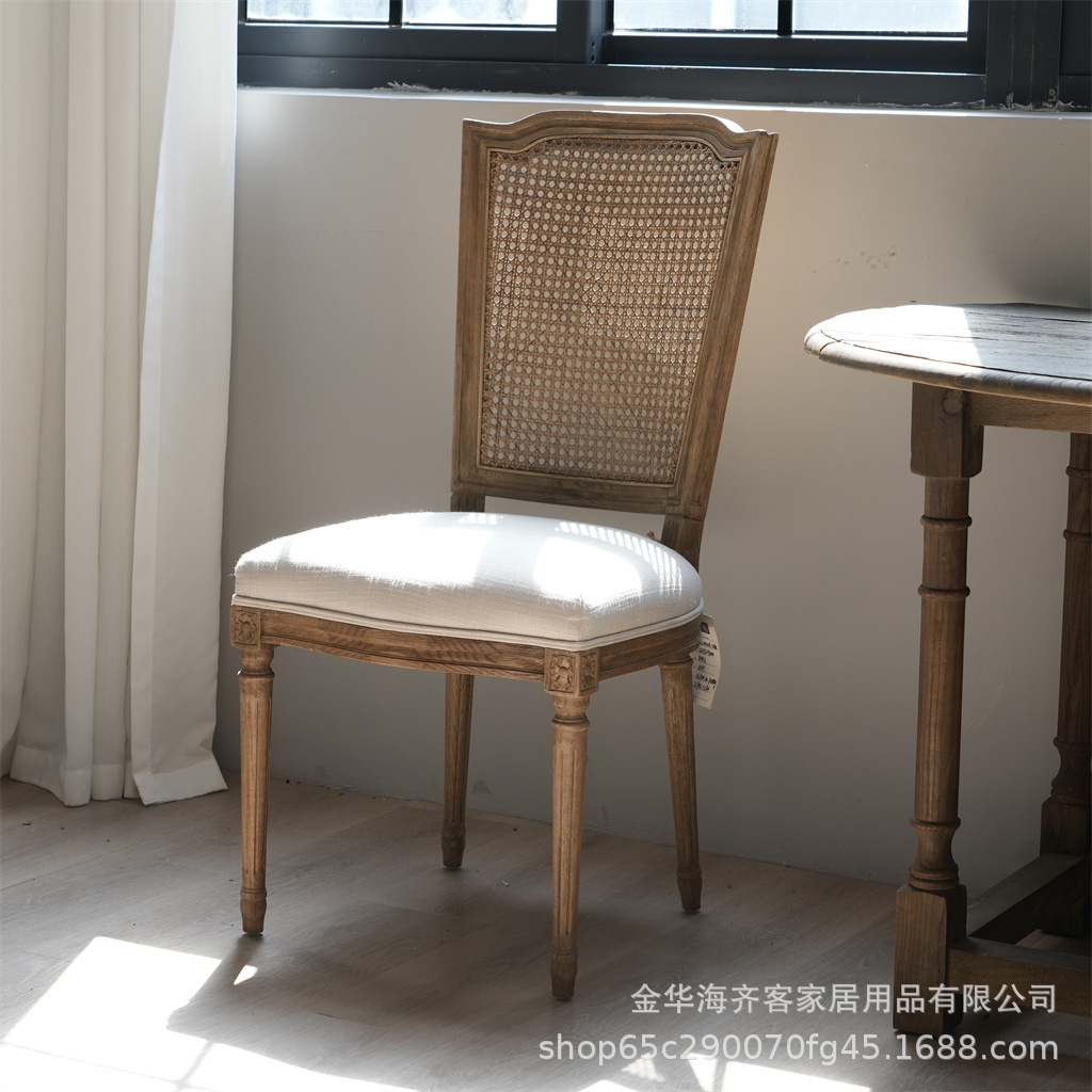 欧式复古实木餐椅法式雕花藤编靠背家用作旧软包设计师民宿椅子