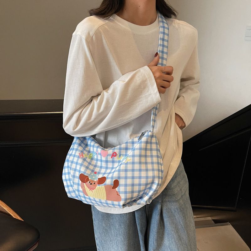 New cute Dachshund box checkered single-shoulder bag for girls, cartoon crossbody canvas bag for girls, and commuting bag for girls' classes Specification drawing