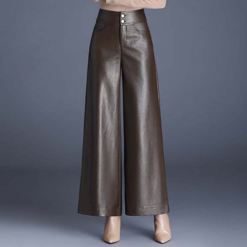 Fleece-Lined Thick Wide-Leg Leather Pants for Women, 2025 Autumn and Winter New Style, Slimming High-Waisted Loose Leather Long Pants, Casual Cropped Pants