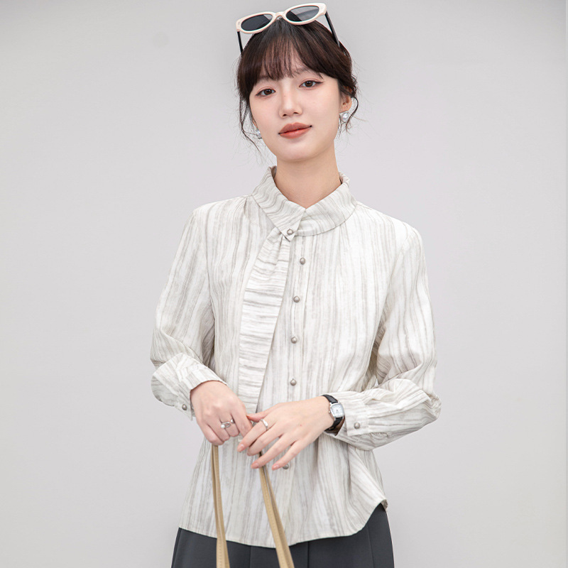 法式竖条纹长袖衬衫女2025秋季新款小众设计感飘带衬衣别致上衣|undefined