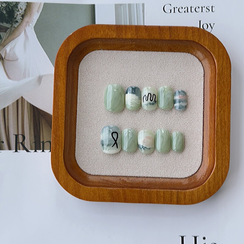 Niche Handmade Wearable Nails, Accessible Luxury and High-End Daily Beanie Nails, Artistic Marble Pattern, Emerald Green Smudged Manicure Niche Handmade Wearable Nails, Accessible Luxury and High-End Daily Beanie Nails, Artistic Marble Pattern, Emerald Green Smudged Manicure