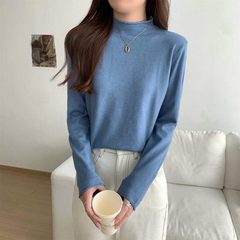 韩版基础款圆领卷边针织衫打底女早秋慵懒风毛衣长袖软糯内搭上衣|undefined
