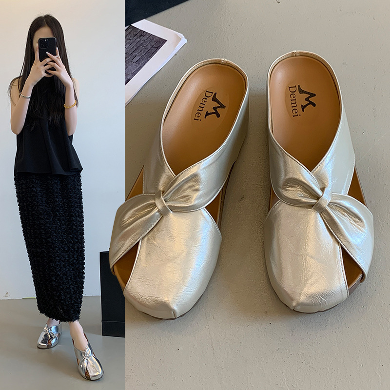 Inner Heightening Toe-Cap Half Slippers for Women to Wear Outside 2025 Summer New Korean Style Sandals and Slippers for Lazy People Fashionable Mule Shoes