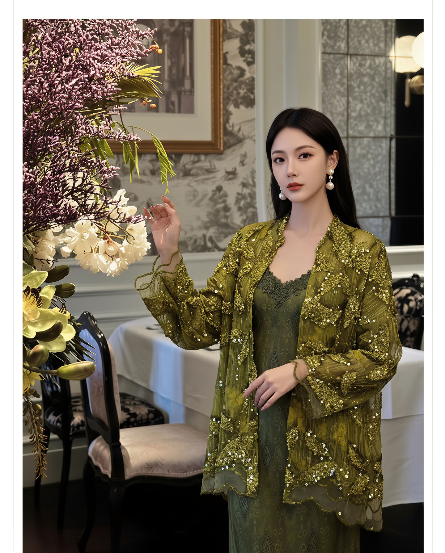 Bộ áo kiểu tân cổ điển phối váy yếm ren hoa thêu — Bộ【Áo vàng xanh + Váy yếm màu matcha】, Áo vàng xanh, Váy yếm màu matcha, Váy yếm đen cao cấp chi tiết 3