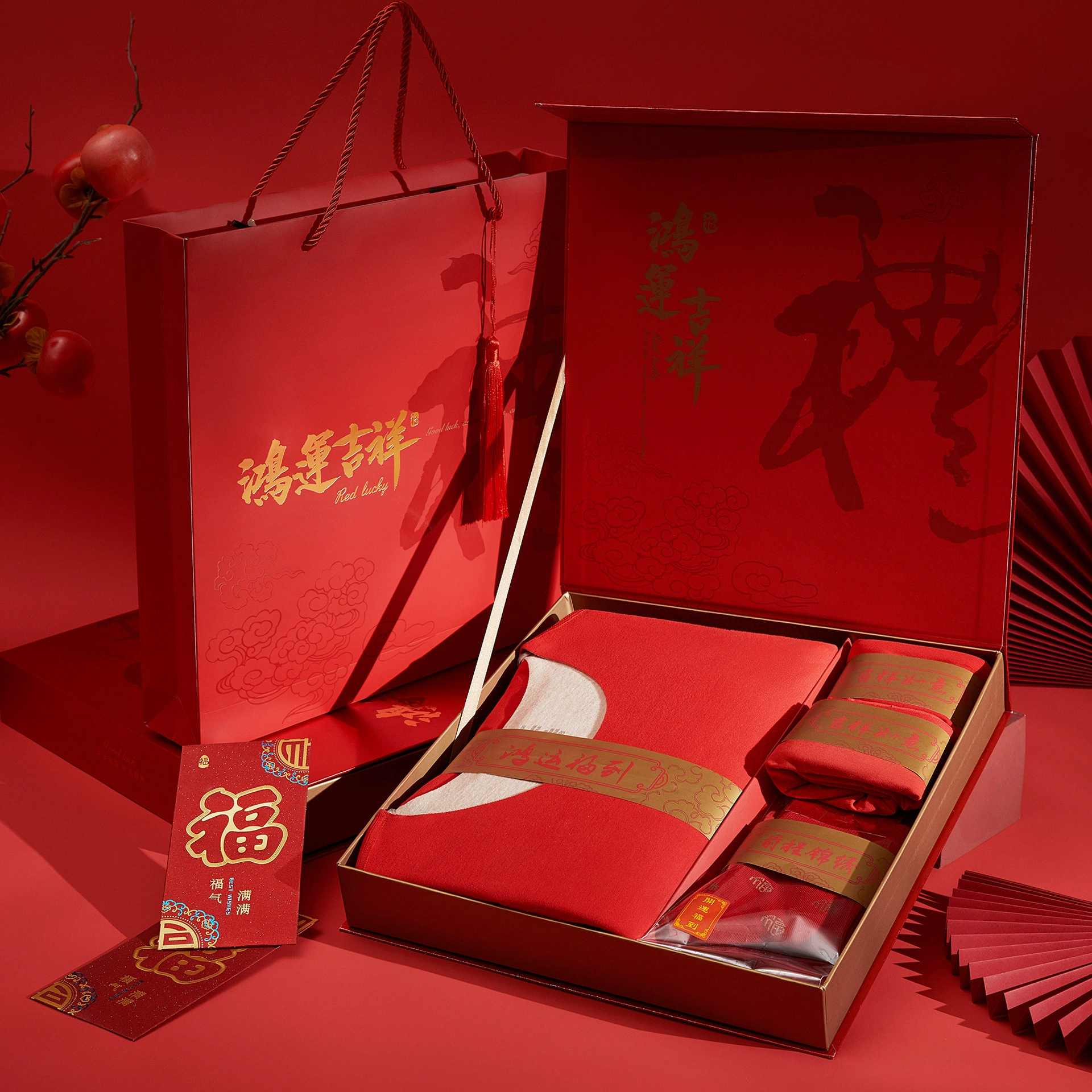 Тщательное избрание Hongyun Delong Термобелье Мужское кашемировое шелковое большое красное теплое пальто Женская новогодняя подарочная коробка из шести частей