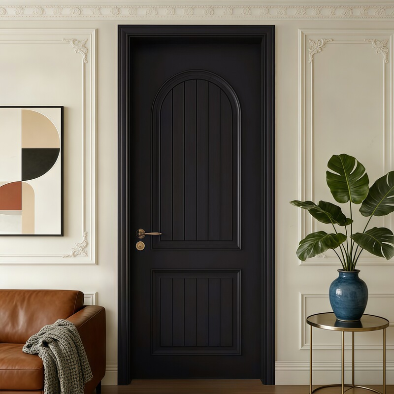 Cross-Border Popular Solid Wood Lacquered Wooden Door, Black Swing Door with Arc-Shaped French Flat Lines, Interior Door Factory Wholesale Cross-Border Popular Solid Wood Lacquered Wooden Door, Black Swing Door with Arc-Shaped French Flat Lines, Interior Door Factory Wholesale