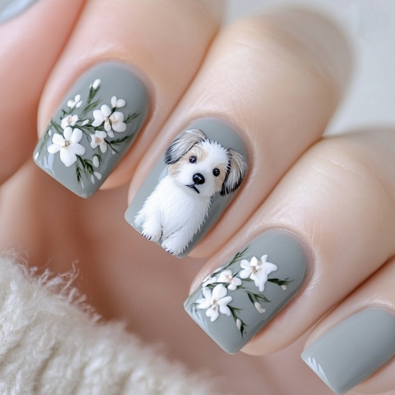 Wear Square Gray Printed Cute Puppy Decorative Manicure Nails Removable Fake Nails 24 Pieces Nails