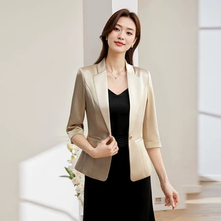 高级感醋酸西装外套女春夏季2025新款职业气质收腰中袖上衣小西服